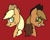 Size: 525x417 | Tagged: safe, artist:whistle blossom, derpibooru import, applejack, mean applejack, earth pony, pony, fanfic:the end of the end, applejack's hat, bust, cowboy hat, duo, eviljack, female, hat, head only, looking at you, mare, red background, simple background