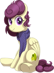 Size: 1106x1500 | Tagged: safe, artist:crystalightrocket, derpibooru import, oc, oc:starfruit fritter, pegasus, pony, 2021 community collab, clothes, derpibooru community collaboration, female, mane, mare, pegasus oc, scarf, simple background, sitting, smiling, smiling at you, solo, stars, tail, transparent background, wings