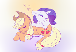 Size: 2410x1655 | Tagged: safe, artist:blushwoof, derpibooru import, applejack, rarity, earth pony, pony, unicorn, apple, cowboy hat, cute, eyes closed, female, food, hat, jack, jackabetes, lesbian, mare, onomatopoeia, raribetes, rarijack, shipping, sketch, sleeping, snuggling, sound effects, zzz