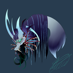 Size: 2000x2000 | Tagged: safe, artist:crystalcontemplator, derpibooru import, oc, oc only, draconequus, blue background, bust, draconequus oc, fangs, open mouth, signature, simple background