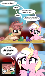 Size: 2290x3844 | Tagged: safe, artist:emberslament, derpibooru import, oc, oc only, oc:bay breeze, oc:pitch pine, earth pony, pegasus, among us, blushing, bow, clothes, colt, comic, crying, cute, dialogue, duo, female, filly, hair bow, heart eyes, male, nervous, scarf, speech bubble, unshorn fetlocks, wingding eyes