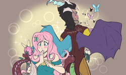 Size: 800x479 | Tagged: safe, artist:mangoshibi, derpibooru import, discord, fluttershy, butterfly, human, blushing, bouquet, cute, discoshy, female, flower, horn, horned humanization, humanized, kotobukiya, kotobukiya fluttershy, male, prehensile tail, rose, shipping, straight, tail hold, winged humanization, wings