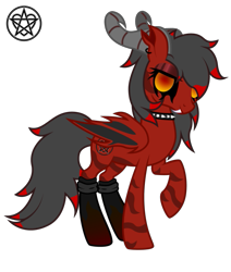 Size: 563x663 | Tagged: safe, artist:ragedox, derpibooru import, oc, oc:naylen lith, demon, demon pony, original species, pony, succubus, doom equestria, black sclera, clothes, cutie mark, evil, female, horn, jewelry, looking at you, necklace, pentagram, prices, show accurate, simple background, socks, solo, tail, transparent background, vector, wings