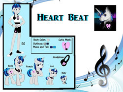 Size: 1080x804 | Tagged: safe, artist:rxndxm.artist, derpibooru import, oc, oc only, oc:heart beat, pony, equestria girls, clothes, colt, equestria girls-ified, headphones, hooves to the chest, male, raised hoof, reference sheet, shoes, shorts, stallion, treble clef