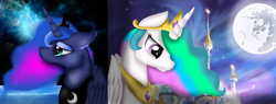 Size: 2160x822 | Tagged: safe, artist:rxndxm.artist, derpibooru import, princess celestia, princess luna, alicorn, pony, bust, duo, ethereal mane, female, full moon, jewelry, mare, mare in the moon, moon, night, peytral, stars, tiara