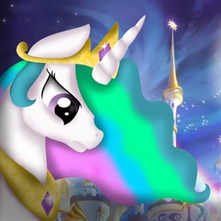 Size: 1080x1080 | Tagged: safe, alternate version, artist:rxndxm.artist, derpibooru import, princess celestia, alicorn, pony, bust, ethereal mane, female, full moon, jewelry, mare, moon, night, peytral, solo, stars, tiara