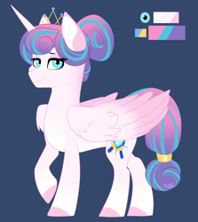 Size: 1272x1429 | Tagged: safe, artist:silentwolf-oficial, derpibooru import, oc, oc only, alicorn, pony, alicorn oc, blue background, colored hooves, horn, jewelry, not flurry heart, raised hoof, reference sheet, simple background, smiling, solo, tiara, wings