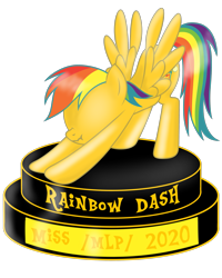 Size: 2363x2952 | Tagged: safe, artist:anonymous, rainbow dash, pegasus, pony, /mlp/, female, gold, golden, iwtcird, meme, miss /mlp/, miss /mlp/ 2020, solo, trophy