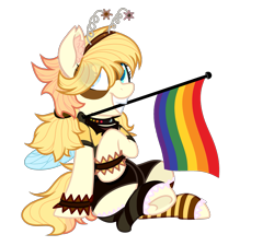 Size: 3417x3069 | Tagged: safe, artist:vizirka, derpibooru import, oc, oc only, oc:busy buzz (ice1517), bee, bee pony, original species, pony, clothes, collar, commission, deely bobbers, female, gay pride flag, grin, hairband, hoofless socks, mare, mask, mismatched socks, pride, pride flag, rainbow, rainbow flag, raised hoof, raised leg, shirt, shorts, simple background, sitting, smiling, socks, solo, striped socks, transparent background, wristband, ych result