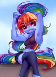 Size: 700x960 | Tagged: safe, artist:cabbage-arts, derpibooru import, rainbow dash, anthro, adorasexy, armpits, belly button, blushing, breasts, cleavage, crossed legs, cute, dashabetes, female, headphones, muscles, ponytail, rainboob dash, sitting, smiling, solo, sweat, watermark