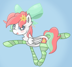 Size: 1790x1659 | Tagged: safe, derpibooru import, oc, oc only, oc:coffeeflower, pegasus, bow, clothes, female, flower, flower in hair, fluffy, hair bow, heart eyes, legs in air, mare, raised hoof, socks, solo, striped socks, tongue out, wingding eyes