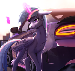 Size: 769x719 | Tagged: safe, artist:sakuracheetah, derpibooru import, twilight sparkle, twilight sparkle (alicorn), alicorn, pony, car, cellphone, dodge charger, female, magic, phone, smartphone, solo, wings