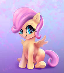 Size: 1513x1726 | Tagged: safe, artist:xbi, derpibooru import, fluttershy, pegasus, pony, abstract background, cute, female, filly, filly fluttershy, looking at you, shyabetes, sitting, smiling, solo, spread wings, wings, younger