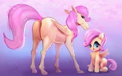 Size: 4837x3041 | Tagged: safe, artist:xbi, derpibooru import, fluttershy, pegasus, pony, abstract background, butt, diverse body types, dock, female, filly, filly fluttershy, hoers, looking at you, mare, plot, self ponidox, sitting, smiling, smiling at you, younger