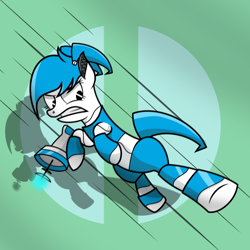 Size: 2500x2500 | Tagged: safe, artist:pizzamovies, derpibooru import, pony, robot, robot pony, angry, female, jenny wakeman, kicking, laser gun, mare, my life as a teenage robot, ponified, simple background, solo