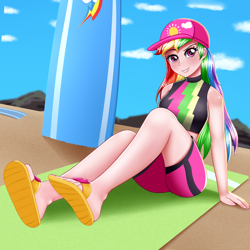 Size: 2000x2000 | Tagged: safe, artist:focusb, derpibooru import, rainbow dash, equestria girls, baseball cap, beach towel, cap, clothes, female, hat, human coloration, looking at you, sandals, smiling, solo, surfboard, swimsuit, towel