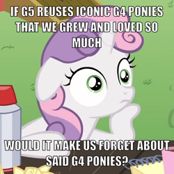 Size: 500x500 | Tagged: safe, derpibooru import, edit, edited screencap, screencap, sweetie belle, pony, unicorn, ponyville confidential, caption, cropped, exploitable meme, female, filly, floppy ears, horn, image macro, meme, obligatory pony, op is a cuck, solo, sudden clarity sweetie belle, text, two toned mane, two toned tail, white coat, wide eyes