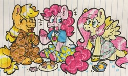 Size: 1280x767 | Tagged: safe, artist:raystarkitty, derpibooru import, applejack, fluttershy, pinkie pie, earth pony, pegasus, pony, clothes, cupcake, drink, drinking, drinking straw, female, food, lined paper, pajamas, sitting, slumber party, snacks, traditional art, trio