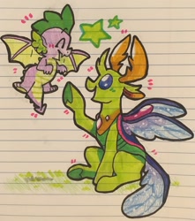 Size: 1132x1280 | Tagged: safe, artist:raystarkitty, derpibooru import, spike, thorax, changedling, changeling, dragon, cute, duo, flying, lined paper, male, smiling, spikabetes, thorabetes, traditional art, winged spike