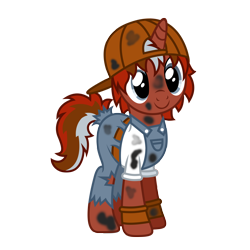 Size: 4500x4500 | Tagged: artist needed, safe, derpibooru import, oc, oc only, oc:rust yards, pony, unicorn, backwards ballcap, baseball cap, cap, clothes, cute, dirty, female, hat, mare, overalls, simple background, smiling, solo, stain, stains, torn clothes, transparent background, vector