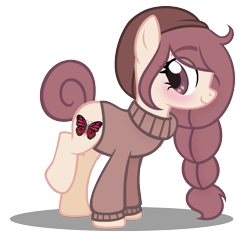 Size: 1411x1366 | Tagged: safe, artist:strawberry-spritz, derpibooru import, oc, oc only, oc:slitterbug, earth pony, pony, beanie, blushing, braid, clothes, female, hat, mare, simple background, smiling, solo, sweater, transparent background