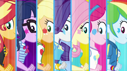 Size: 1920x1080 | Tagged: safe, derpibooru import, screencap, applejack, fluttershy, pinkie pie, rainbow dash, rarity, sci-twi, sunset shimmer, twilight sparkle, better together, equestria girls, rollercoaster of friendship, alternative cutie mark placement, applejack's hat, bowtie, bracelet, breasts, clothes, cowboy hat, cutie mark, cutie mark on clothes, denim skirt, facial cutie mark, female, geode of empathy, geode of fauna, geode of shielding, geode of sugar bombs, geode of super speed, geode of super strength, geode of telekinesis, glasses, hat, headband, hoodie, humane five, humane seven, humane six, jacket, jewelry, leather, leather jacket, magical geodes, necklace, rarity peplum dress, shirt, side view, skirt, smiling, t-shirt, tanktop, transformation, transformation sequence, vest