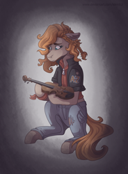 Size: 2500x3400 | Tagged: safe, artist:kikirdcz, derpibooru import, oc, oc:ritzy rumble, earth pony, pony, clothes, female, jacket, mare, musical instrument, pants, solo, violin