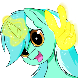 Size: 1000x1000 | Tagged: safe, artist:arcuswind, derpibooru import, lyra heartstrings, pony, unicorn, bust, female, glowing horn, hand, horn, looking at you, magic, magic hands, mare, open mouth, peace sign, portrait, simple background, smiling, solo, transparent background