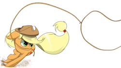 Size: 1024x576 | Tagged: safe, artist:arcuswind, derpibooru import, applejack, earth pony, pony, female, lasso, mare, mouth hold, rodeo, rope, simple background, solo, white background