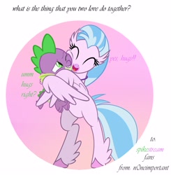 Size: 2975x3038 | Tagged: safe, derpibooru import, silverstream, spike, dragon, hippogriff, bipedal, eyes closed, female, hug, male, one eye closed, open mouth, shipping, spikestream, straight, winghug