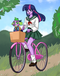 Size: 1024x1277 | Tagged: safe, artist:ameliacostanza, derpibooru import, spike, twilight sparkle, collaboration, equestria girls, anime, basket, bicycle, clothes, cloud, cosplay, costume, crossover, cute, female, inuyasha, kagome higurashi, male, shippo, skirt