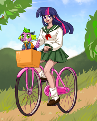 Size: 1024x1277 | Tagged: safe, artist:ameliacostanza, derpibooru import, edit, editor:michaelsety, spike, twilight sparkle, collaboration, equestria girls, 80's style, anime, anime style, basket, bicycle, clothes, cloud, cosplay, costume, crossover, cute, female, fuku, human coloration, inuyasha, kagome higurashi, male, shippo, skirt