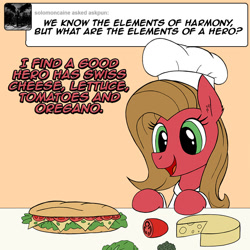 Size: 800x800 | Tagged: safe, artist:zoarvek, derpibooru import, oc, oc:pun, pony, ask, ask pun, cheese, chef's hat, food, hat, sandwich, solo, submarine sandwich, tomato