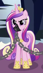 Size: 324x547 | Tagged: safe, derpibooru import, screencap, princess cadance, alicorn, pony, the beginning of the end, chains, cropped, female, gag, mare, muzzle, muzzle gag, solo