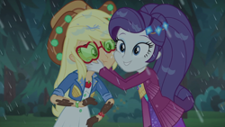 Size: 1920x1080 | Tagged: safe, derpibooru import, screencap, applejack, rarity, better together, equestria girls, inclement leather