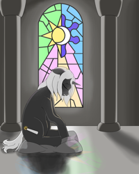 Size: 720x900 | Tagged: safe, artist:mistermech, derpibooru import, oc, oc:psalm, unicorn, fallout equestria, fallout equestria: project horizons, bowed head, candle, eyes closed, fanfic art, female, horn, mare, pillar, sad, sadface, stained glass, unicorn oc