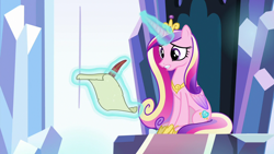 Size: 1280x720 | Tagged: safe, derpibooru import, screencap, princess cadance, alicorn, pony, the beginning of the end, female, letter, magic, quill, solo, telekinesis