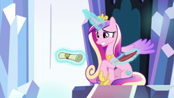 Size: 1280x720 | Tagged: safe, derpibooru import, screencap, princess cadance, alicorn, pony, the beginning of the end, female, letter, magic, quill, solo, telekinesis