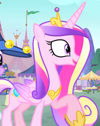 Size: 1226x1543 | Tagged: safe, derpibooru import, screencap, princess cadance, twilight sparkle, alicorn, pony, three's a crowd, background pony, cropped, fair, female, hat, mare, raised hoof, sisters-in-law, solo focus, star swirl the bearded costume, wizard hat