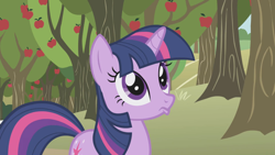 Size: 1920x1080 | Tagged: safe, derpibooru import, screencap, twilight sparkle, unicorn twilight, pony, unicorn, applebuck season, apple, apple tree, female, mare, pouting, solo, tree