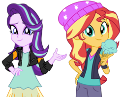 Size: 1850x1460 | Tagged: safe, artist:emeraldblast63, derpibooru import, starlight glimmer, sunset shimmer, equestria girls, clothes swap, female, food, ice cream, simple background, transparent background