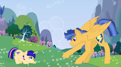 Size: 2216x1220 | Tagged: safe, artist:lightningarrow, derpibooru import, flash sentry, oc, oc:lightning arrow, alicorn, pegasus, colt, father and child, father and son, learning to fly, male, meadow, offspring, parent and child, parent:flash sentry, parent:twilight sparkle, parents:flashlight, stallion