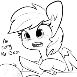 Size: 2368x2368 | Tagged: safe, artist:tjpones, derpibooru import, rainbow dash, pegasus, pony, black and white, crying, cutting onions, female, food, grayscale, high res, hoof hold, knife, mare, monochrome, onion, simple background, solo, teary eyes, white background