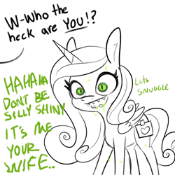 Size: 2368x2368 | Tagged: safe, artist:tjpones, derpibooru import, princess cadance, queen chrysalis, alicorn, changeling, changeling queen, pony, dialogue, disguise, disguised changeling, drool, fake cadance, fake cutie mark, female, high res, implied shining armor, monochrome, neo noir, offscreen character, partial color, sharp teeth, simple background, slit eyes, solo, teeth, white background