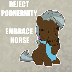 Size: 1400x1400 | Tagged: safe, derpibooru import, edit, earth pony, horse, pony, brown coat, hoers, raised hoof, scarf, simple background, sitting, solo, text, two toned mane, two toned tail