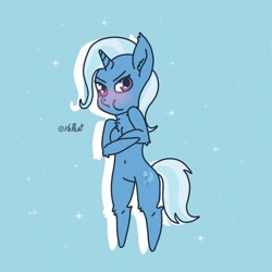 Size: 894x894 | Tagged: safe, artist:opurplemoon, derpibooru import, trixie, belly button, bipedal, blushing, crossed arms, puffy cheeks, solo, starry background