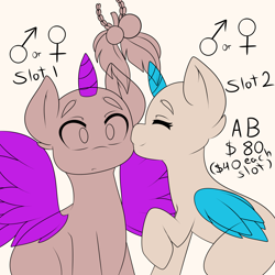 Size: 4000x4000 | Tagged: safe, artist:caoscore, derpibooru import, pony, auction open, commission, horn, kiss on the cheek, kissing, mistletoe, wings, your character here