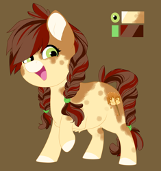 Size: 1352x1440 | Tagged: safe, artist:silentwolf-oficial, derpibooru import, oc, oc only, oc:caramel, earth pony, pony, braid, braided tail, brown background, colored hooves, earth pony oc, open mouth, reference sheet, simple background, smiling, solo