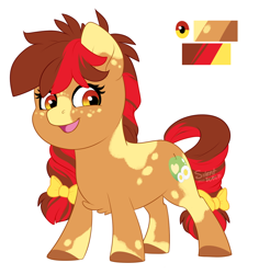 Size: 1020x1081 | Tagged: safe, artist:silentwolf-oficial, derpibooru import, oc, oc only, earth pony, pony, bow, colored hooves, earth pony oc, freckles, hair bow, reference sheet, simple background, solo, tail bow