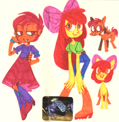 Size: 1280x1304 | Tagged: safe, artist:0lijmazz, derpibooru import, apple bloom, scootaloo, frog, pony, equestria girls, blouse, boots, clothes, dress, duo, ear piercing, earring, female, jeans, jewelry, mare, pants, piercing, shoes, traditional art